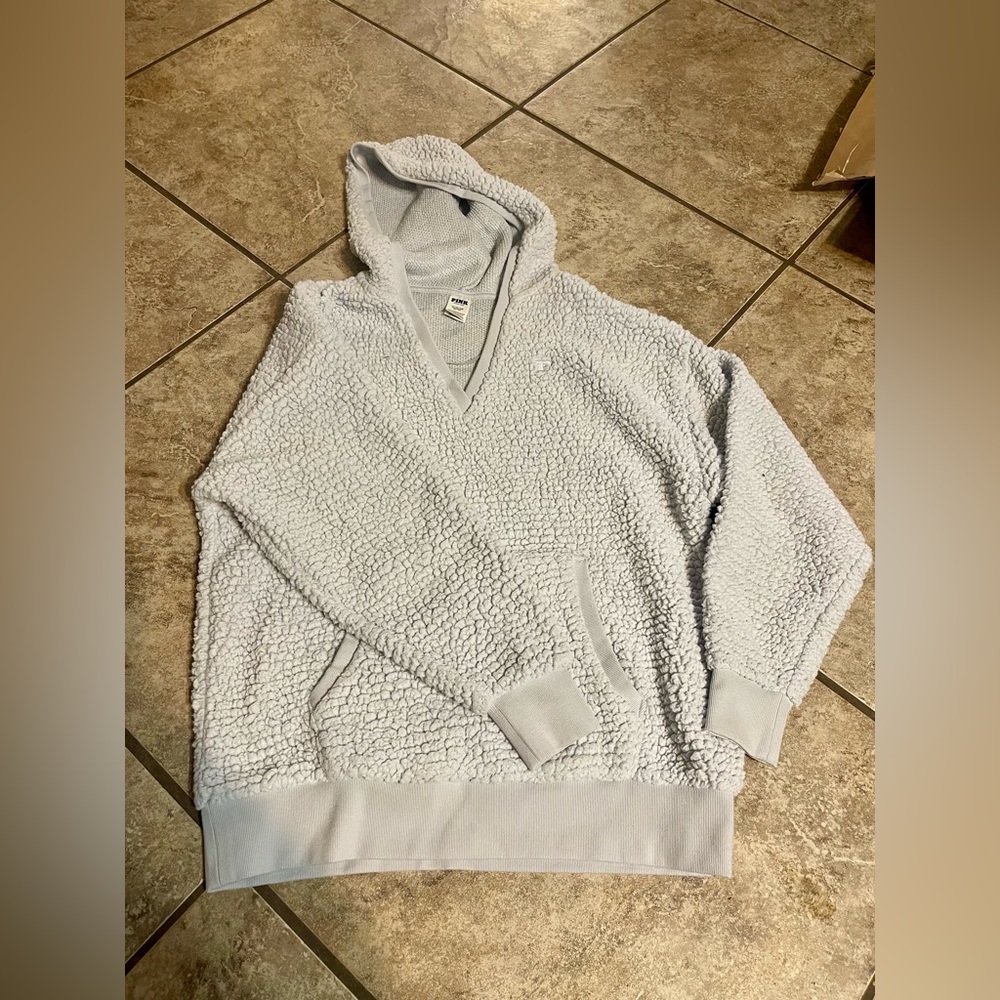 Pink Victoria's Secret Light Blue Gray Sherpa Hoodie